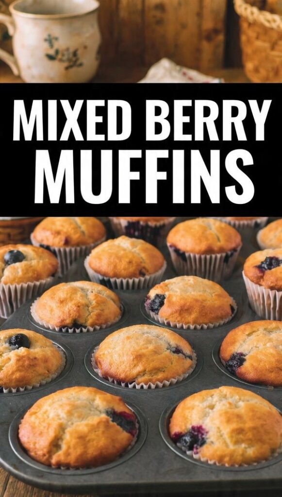 A close-up shot of several tall, golden-brown Mixed Berry Muffins in a muffin tin, showing the cracked, domed tops and a few vibrant red/blue berries bursting through the surface. The text overlay reads: "MIXED BERRY MUFFINS".