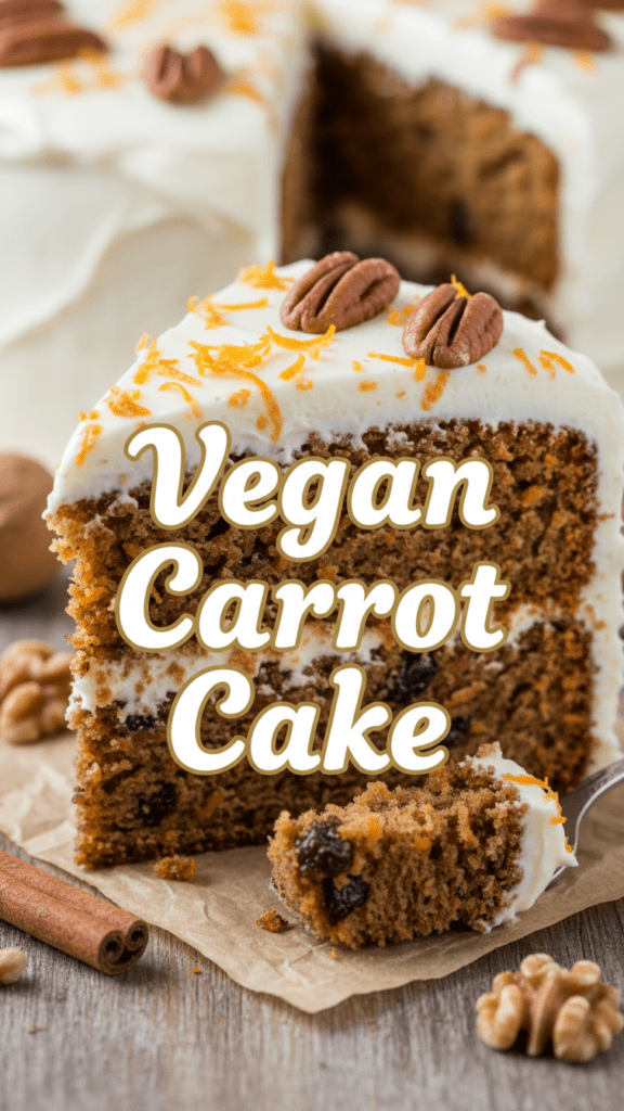 A tall slice of vegan carrot cake with thick cream cheese frosting and walnuts.