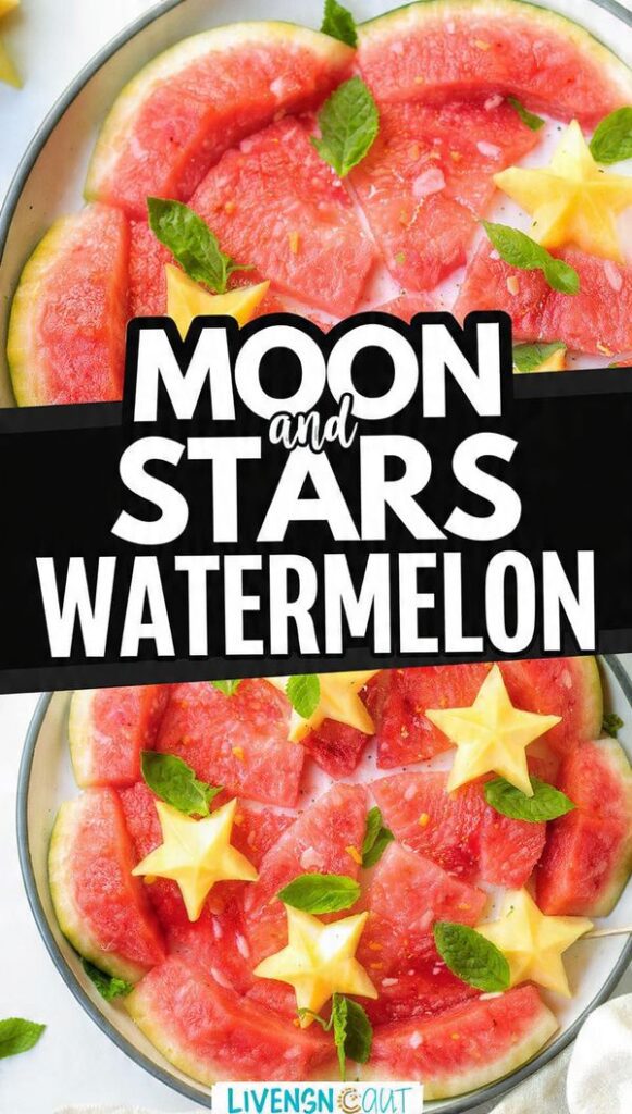 Overhead shot of a large platter filled with crescent moon shapes cut from pink watermelon and small star shapes cut from yellow honeydew, scattered with fresh mint. The text overlay reads: "MOON AND STARS WATERMELON"