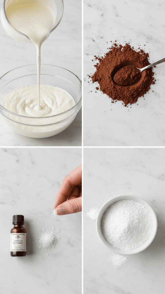 A collage showing heavy cream, cocoa powder, vanilla, and erythritol.