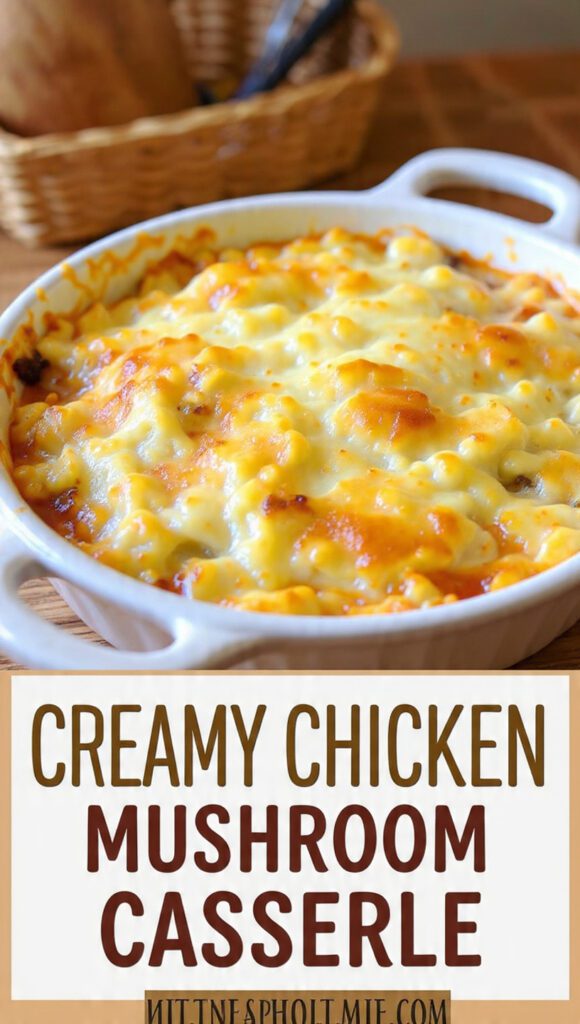A close-up of a bubbling, baked creamy chicken mushroom casserole with a golden, cheesy topping, with "CREAMY CHICKEN MUSHROOM CASSEROLE" as a prominent text overlay.