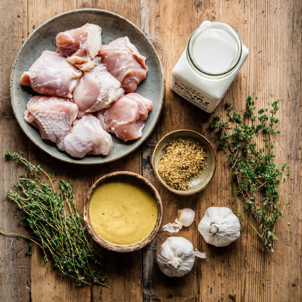 A flat lay collage of raw ingredients: chicken thighs, heavy cream, Dijon mustard, whole grain mustard, garlic cloves, and fresh thyme used for the recipe.