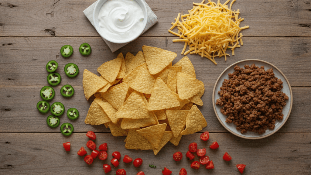 Raw ingredients for making healthy homemade nachos supreme.)