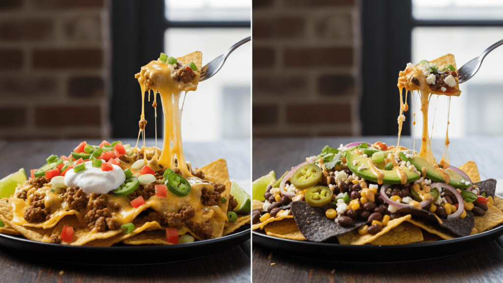 Two different versions of nachos supreme including a spicy vegetarian option.
