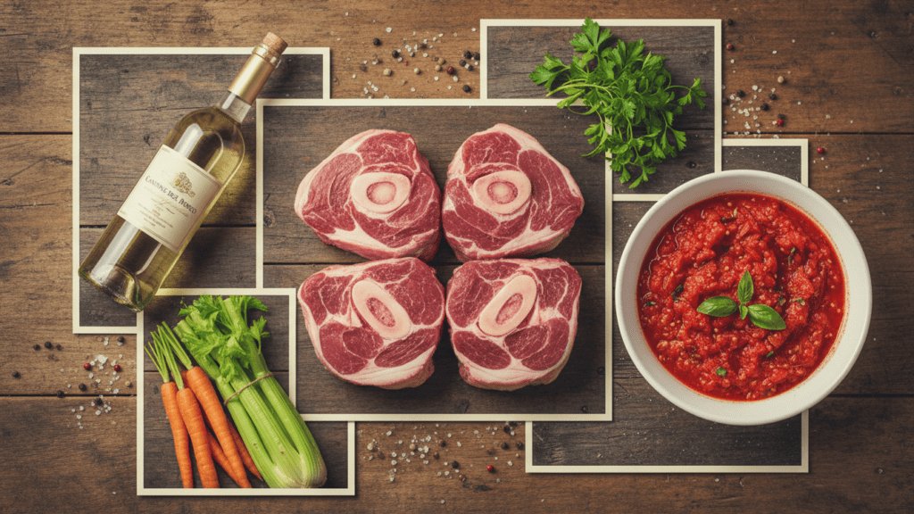 Raw ingredients for making a healthy authentic Italian Osso Buco recipe