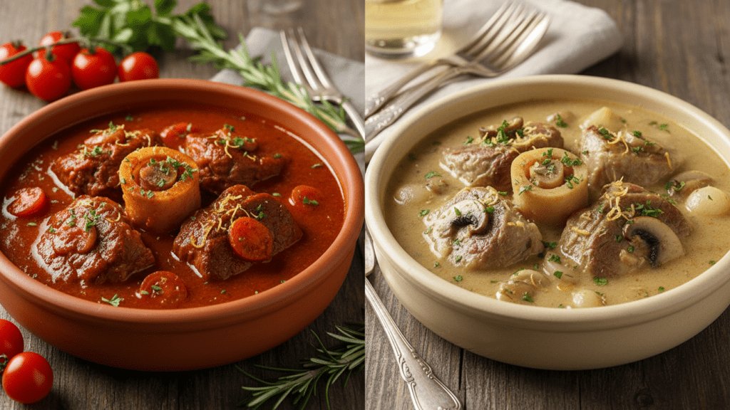Two different versions of Osso Buco including a red and white sauce option.