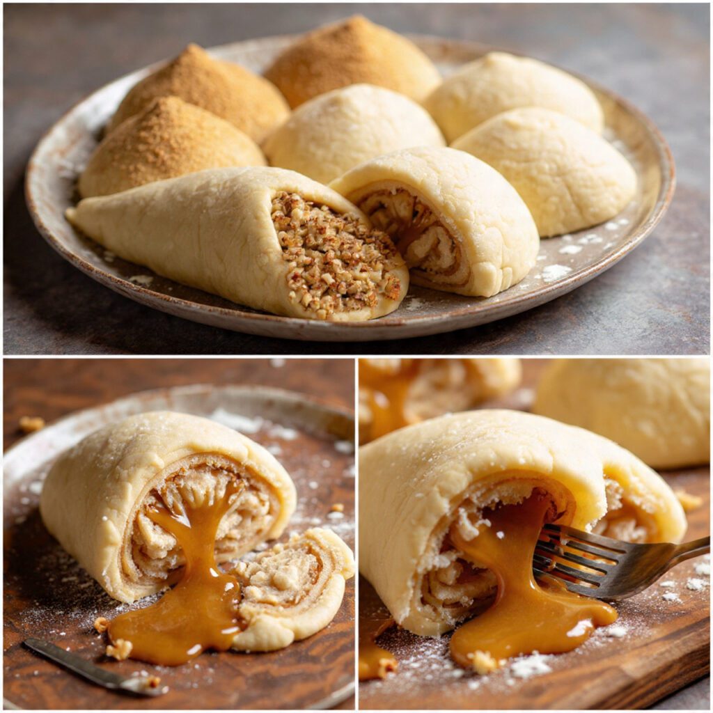 Two servings of the rolls. One is a wide shot of the whole inverted platter with the sticky rolls. The other is an extreme close-up of a fork pulling a gooey roll apart, showing the tender, soft dough and the abundance of sticky caramel.