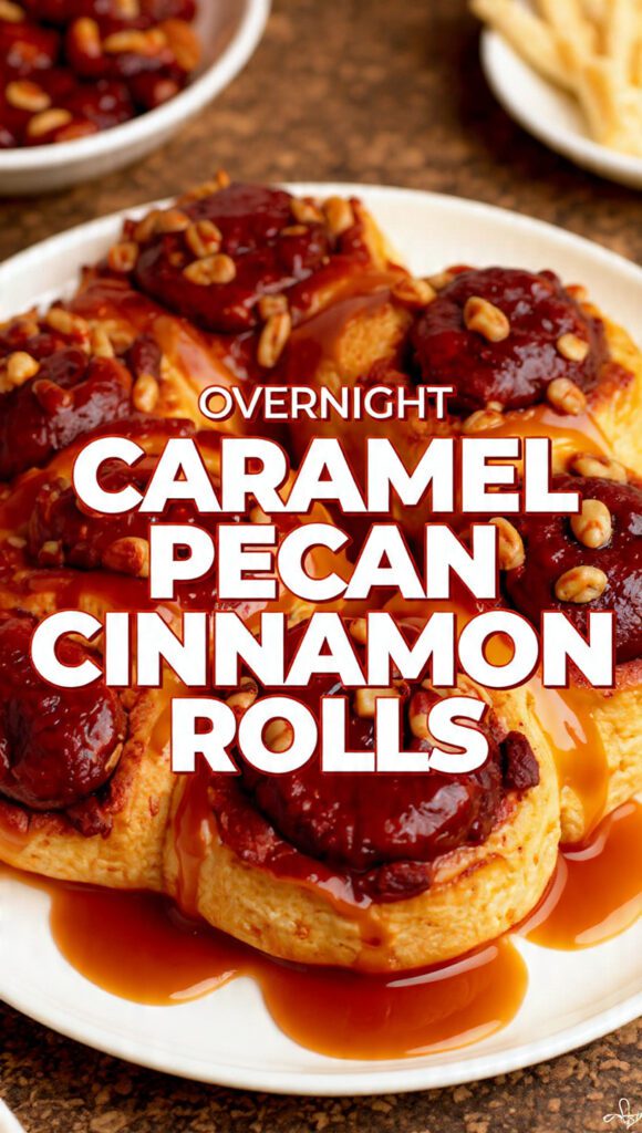 A close-up shot of several freshly baked, inverted Overnight Caramel Pecan Cinnamon Rolls on a platter, glistening with thick, sticky caramel and covered in toasted pecans. The text overlay reads: "OVERNIGHT CARAMEL PECAN CINNAMON ROLLS".