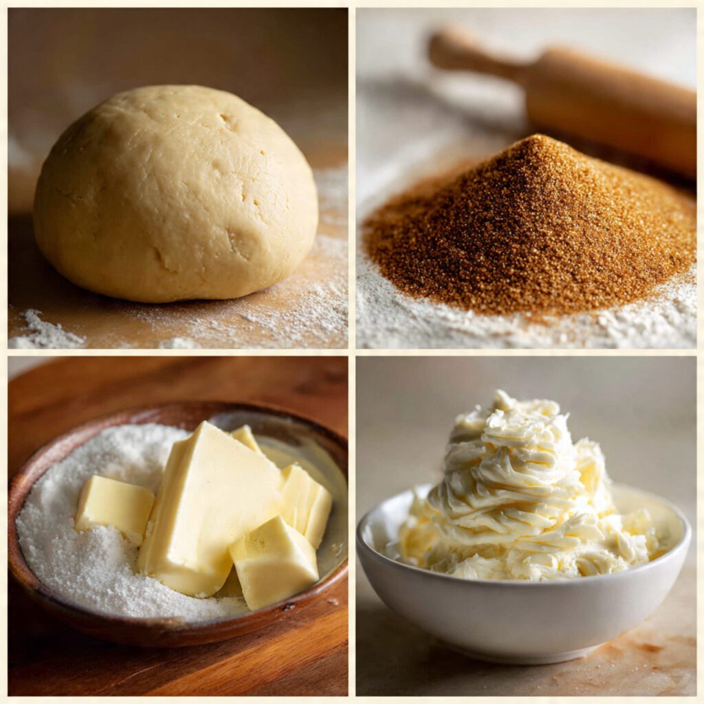 A collage showing the raw ingredients: a ball of yeast dough, softened butter, brown sugar, ground cinnamon, and a small bowl of cream cheese icing components.