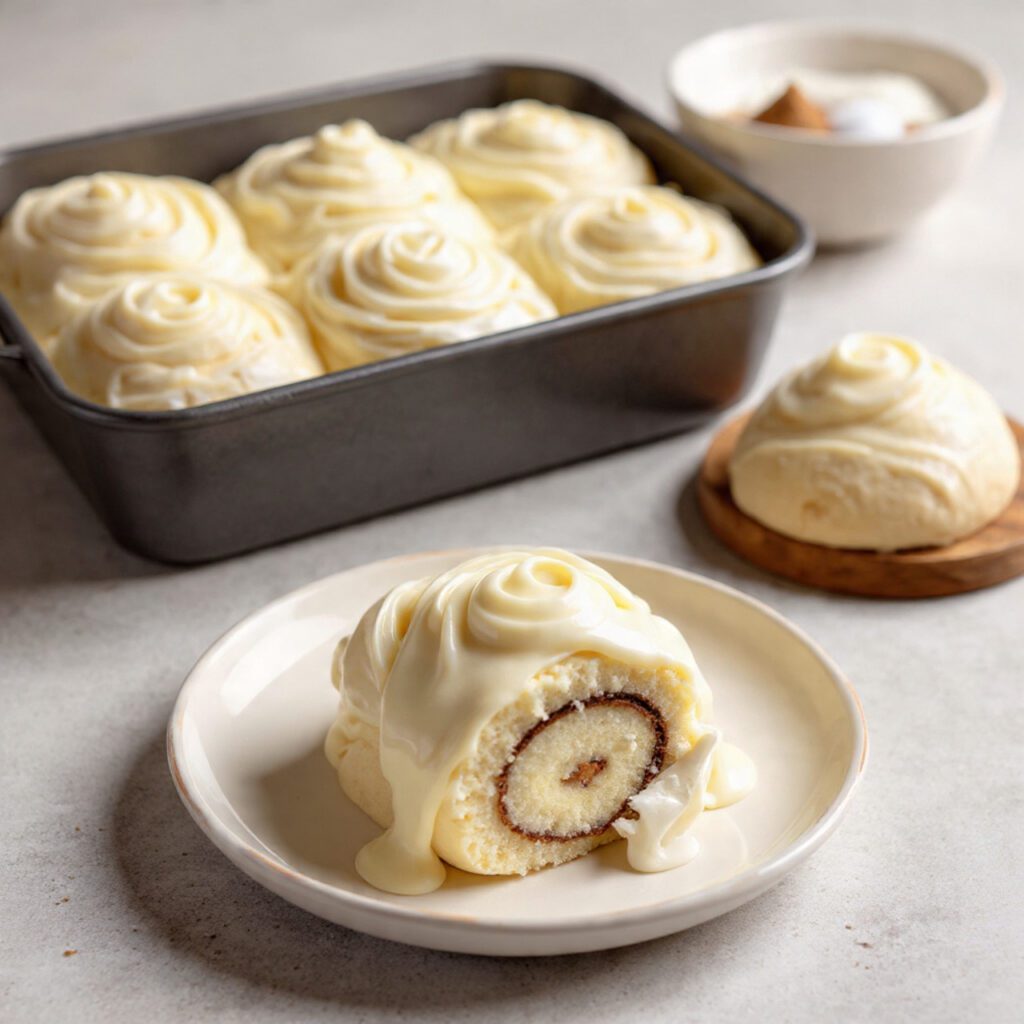 Two servings of the rolls. One is a wide shot of the baked rolls in the pan, with one roll pulled out and placed on a plate. The other is an extreme close-up of the center roll, showing the soft, distinct cinnamon swirl and the gooey texture of the melted icing.