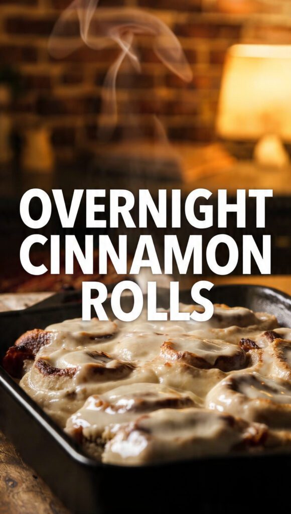 Overhead close-up shot of warm, freshly baked Overnight Cinnamon Rolls in a baking dish, covered with thick, dripping cream cheese icing. The text overlay reads: "OVERNIGHT CINNAMON ROLLS".
