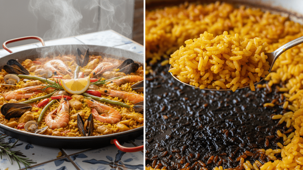 Close-up of a spoon scraping the crispy socarrat from the bottom of a paella pan.