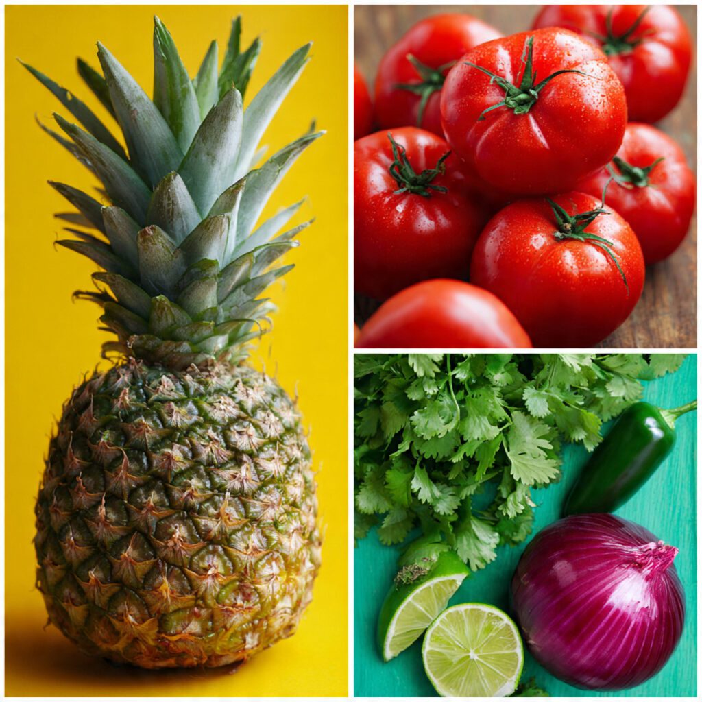 A collage showing the essential ingredients: a whole ripe pineapple, red tomatoes, a bunch of cilantro, red onion, a jalapeño, and a fresh lime.