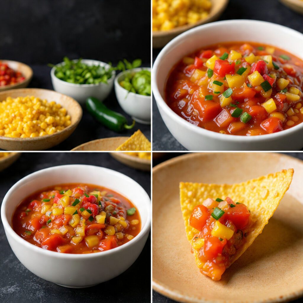 Two servings of the salsa. One is a wide shot of a serving bowl of salsa on a festive table with other Mexican-inspired dishes. The other is an extreme close-up of a single tortilla chip loaded with the chunky, colorful Pineapple Tomato Salsa, ready to be eaten.