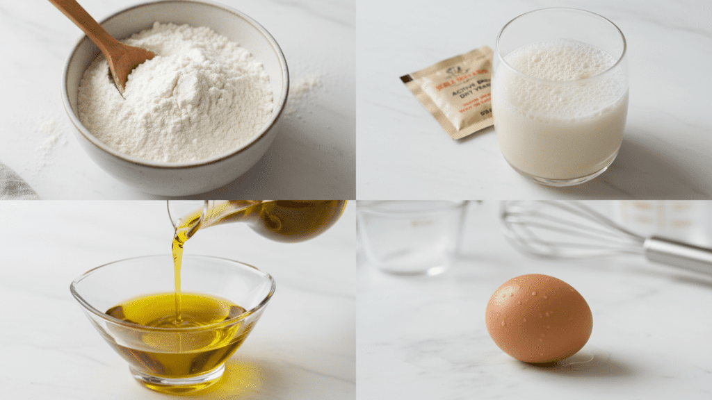 A collage showing gluten-free flour, yeast, olive oil, and an egg.