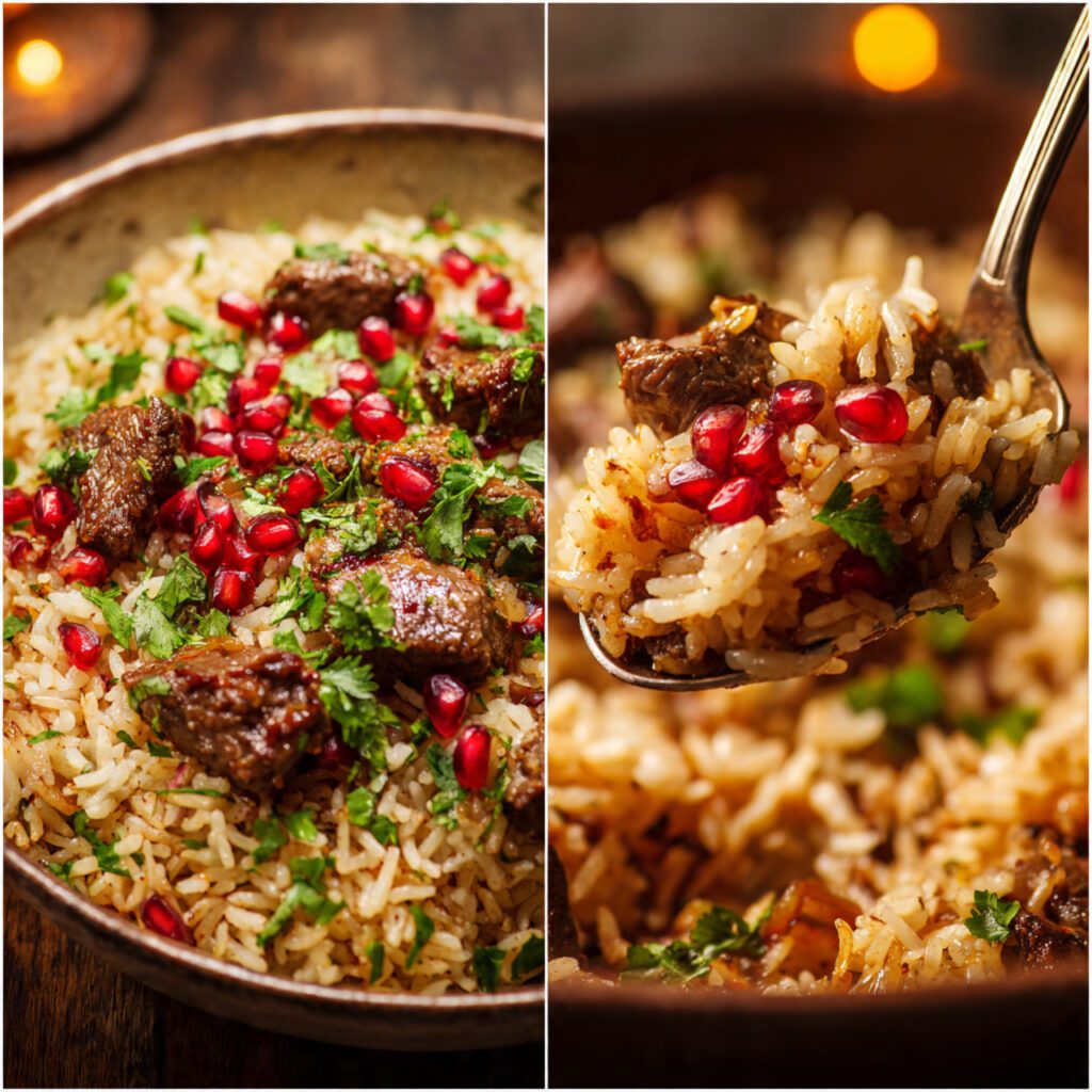 A close-up of the beef plov in a bowl, showing the fluffy, individual rice grains and tender beef chunks.