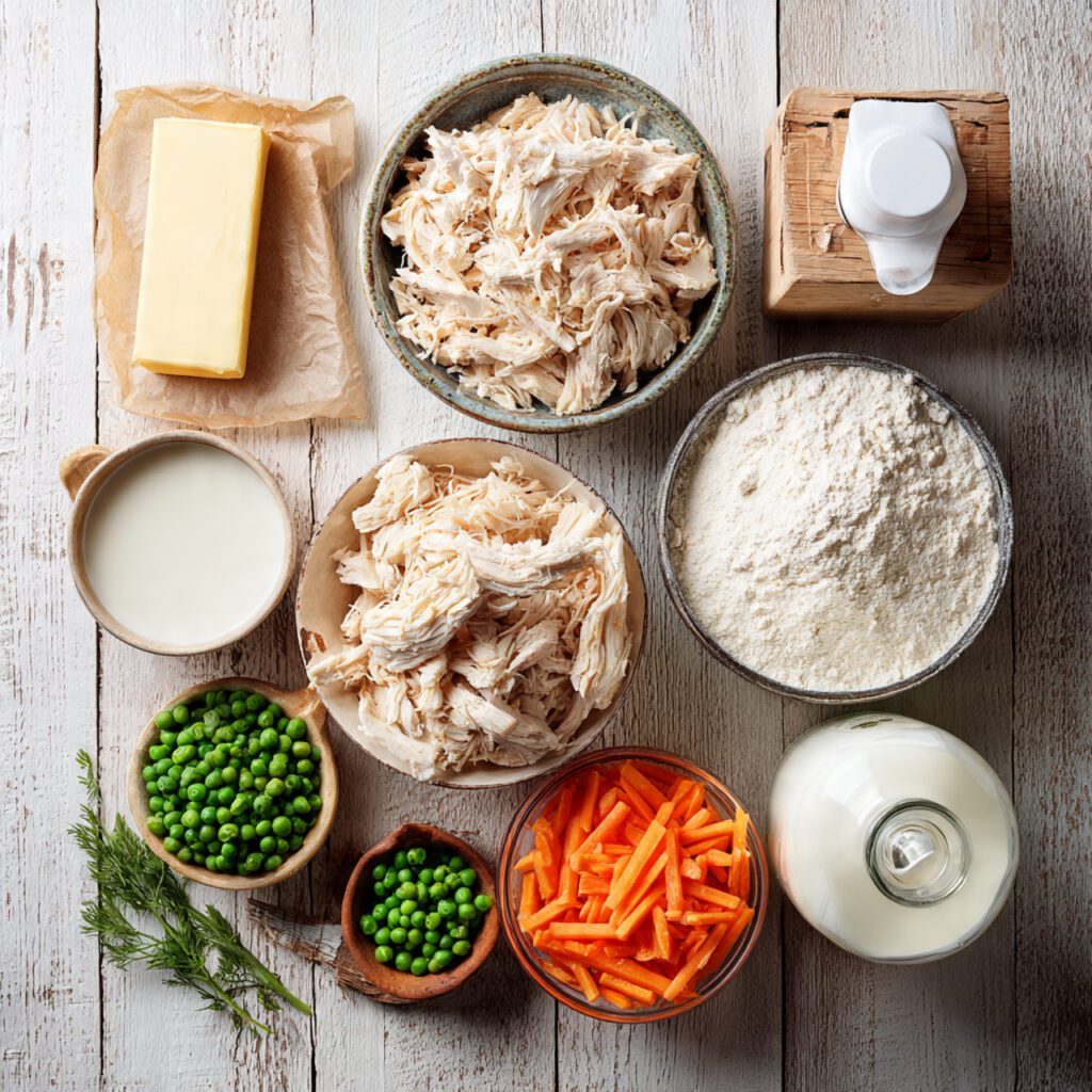 A flat lay collage of raw ingredients: shredded cooked chicken, butter, flour, chicken broth carton, whole milk, and frozen mixed vegetables used for the chicken pot pie soup recipe.
