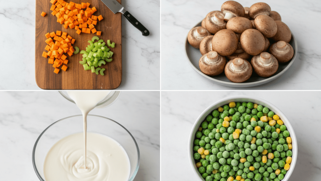 A collage showing fresh carrots, celery, potatoes, peas, and heavy cream.