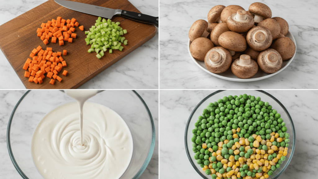 A collage showing fresh carrots, celery, potatoes, mushrooms, and heavy cream.