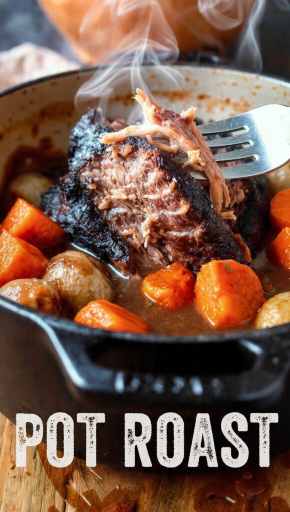 A close-up of a fork shredding a piece of tender pot roast with carrots and potatoes, with "POT ROAST" as a prominent text overlay.
