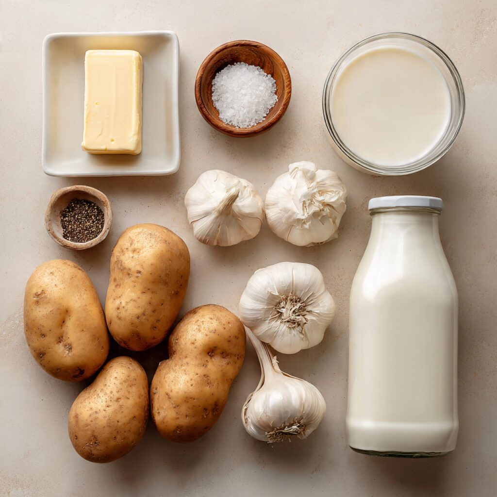 A flat lay collage of all raw ingredients: Russet potatoes, butter sticks, a carton of heavy cream, whole milk, and salt used for the creamy mashed potatoes recipe.