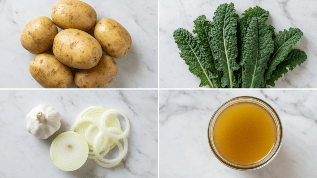 A collage showing Yukon gold potatoes, fresh kale, garlic, and vegetable broth.