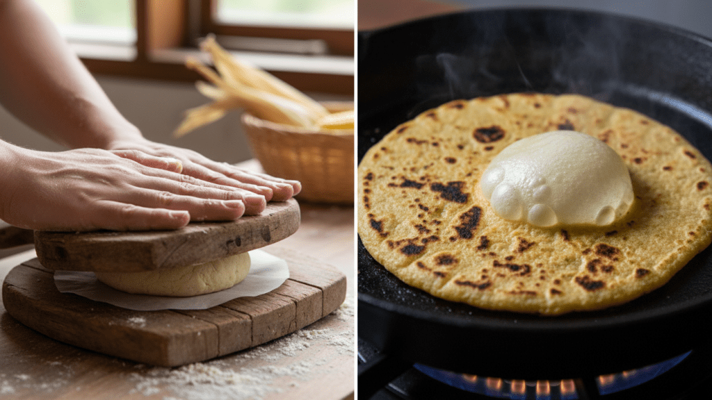 A close-up of gluten-free tortilla dough being pressed and cooked in a skillet.