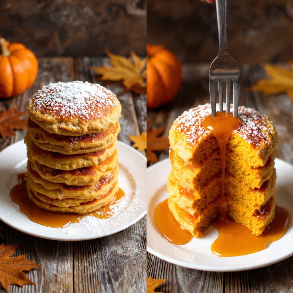 A stack of fluffy pumpkin pancakes topped with butter and a stream of maple syrup.