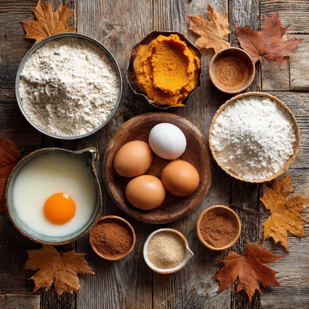 A flat lay collage showing ingredients: flour, pumpkin purée, buttermilk, brown sugar, eggs, and cinnamon/nutmeg spices
