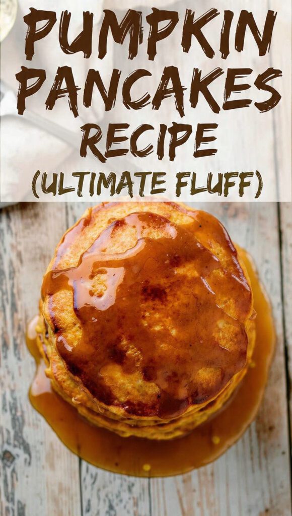 Close-up of a tall stack of fluffy pumpkin pancakes with syrup dripping down the sides.