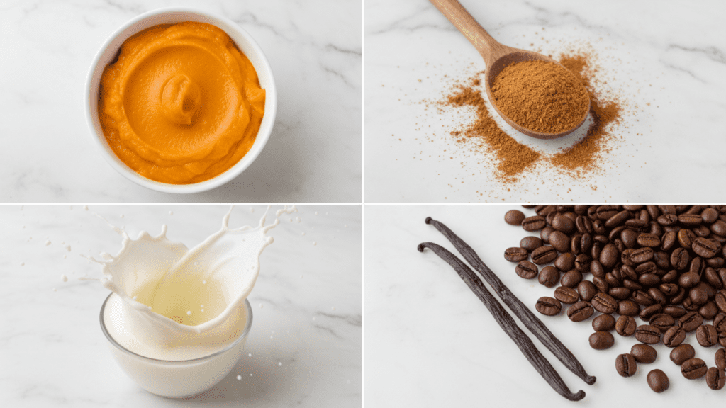 A collage showing pumpkin pur&eacute;e, pumpkin pie spice, almond milk, and coffee beans