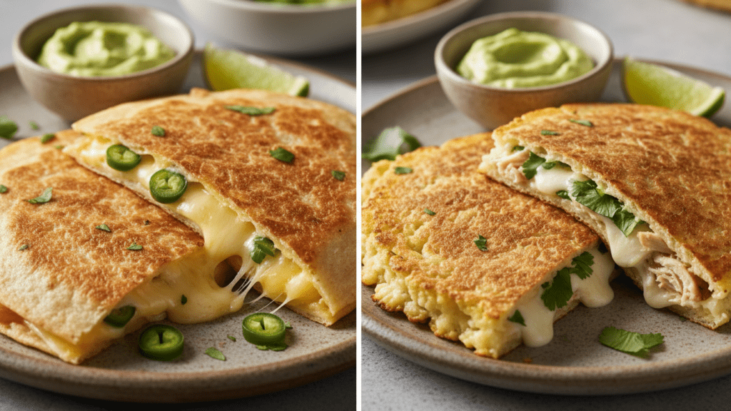 Two different versions of vegetable quesadillas including a keto option.