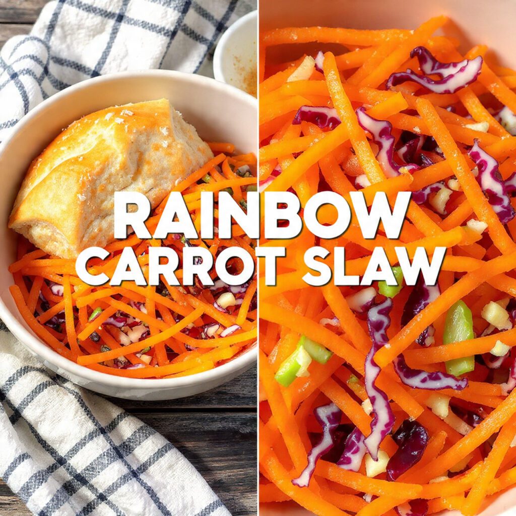Two servings of the slaw. One is a wide shot of a bowl of the colorful slaw next to a pulled pork sandwich. The other is an extreme close-up of the slaw, showing the thin, uniform shreds of the different colored carrots and the crisp texture.