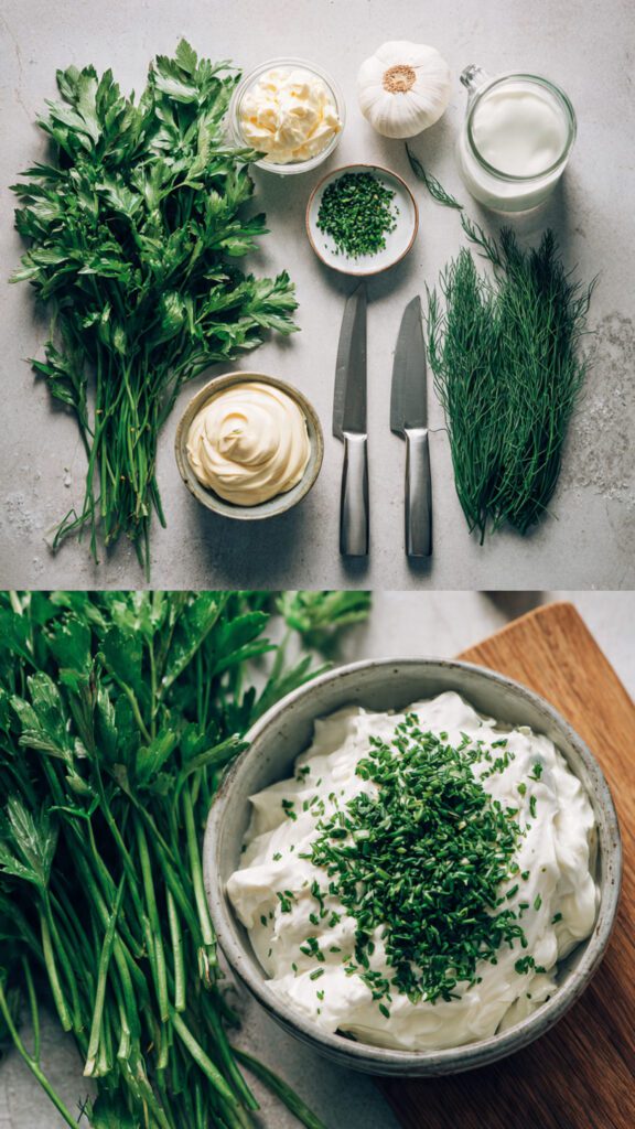 Collage of key ingredients for creamy ranch dressing including buttermilk, mayonnaise, sour cream, and fresh herbs.