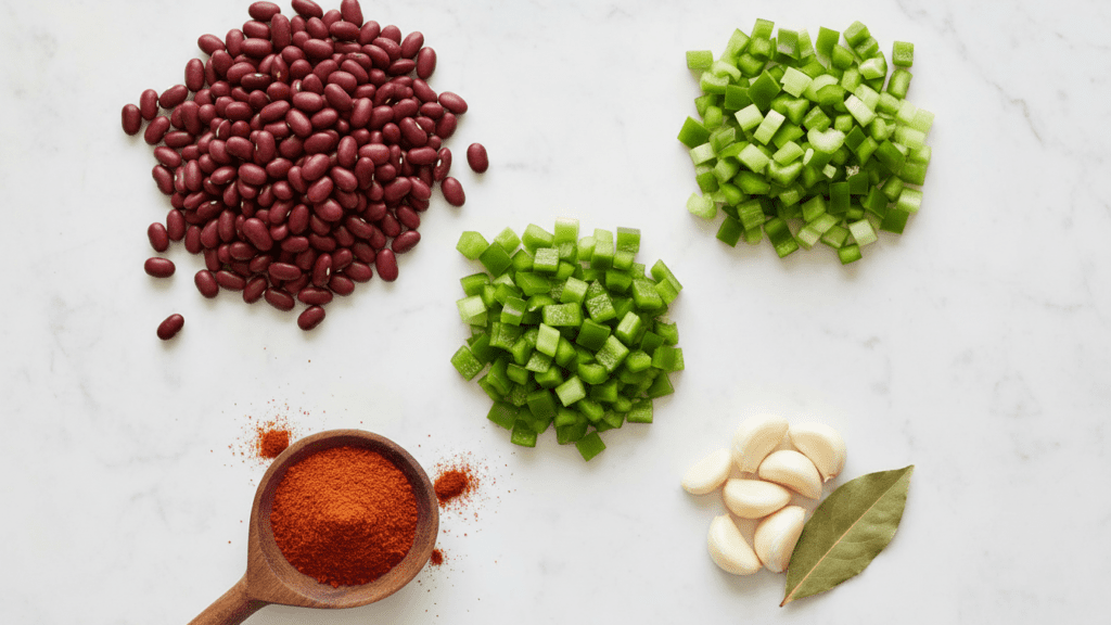 A collage showing red beans, green bell peppers, celery, and smoked paprika.