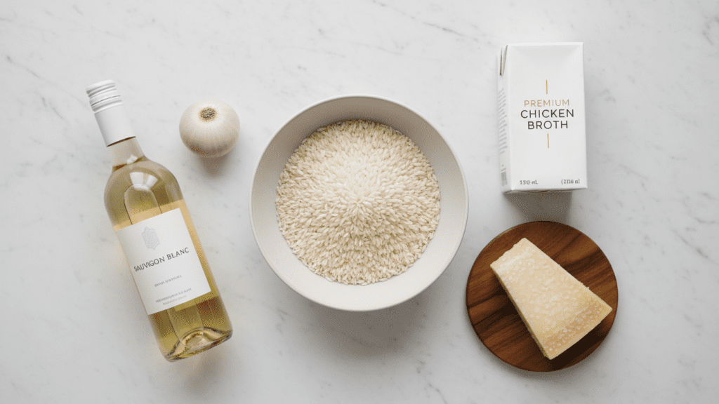 A flatlay collage of Arborio rice, chicken broth, a block of parmesan, a shallot, and white wine.