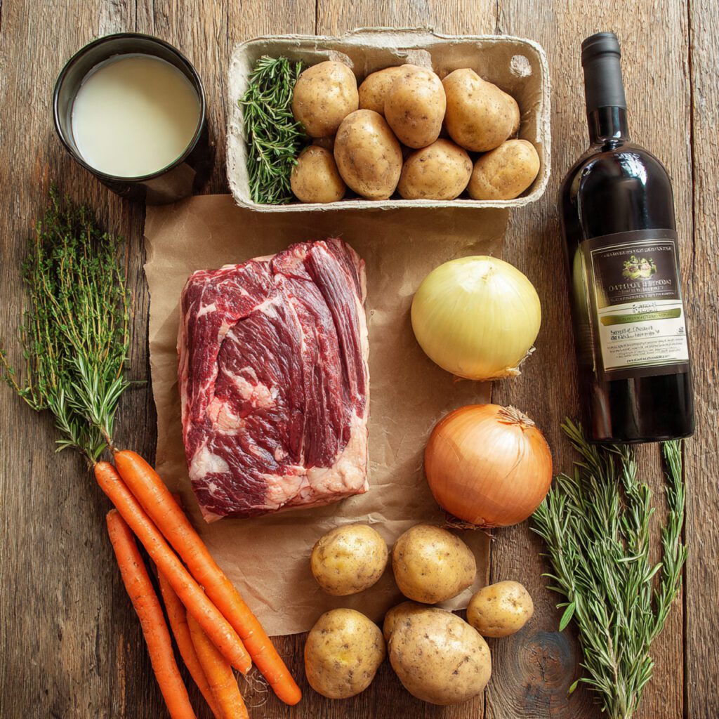 A flat lay collage of raw ingredients: chuck roast, potatoes, carrots, onions, beef broth carton, red wine bottle, and fresh herbs used for the pot roast recipe.
