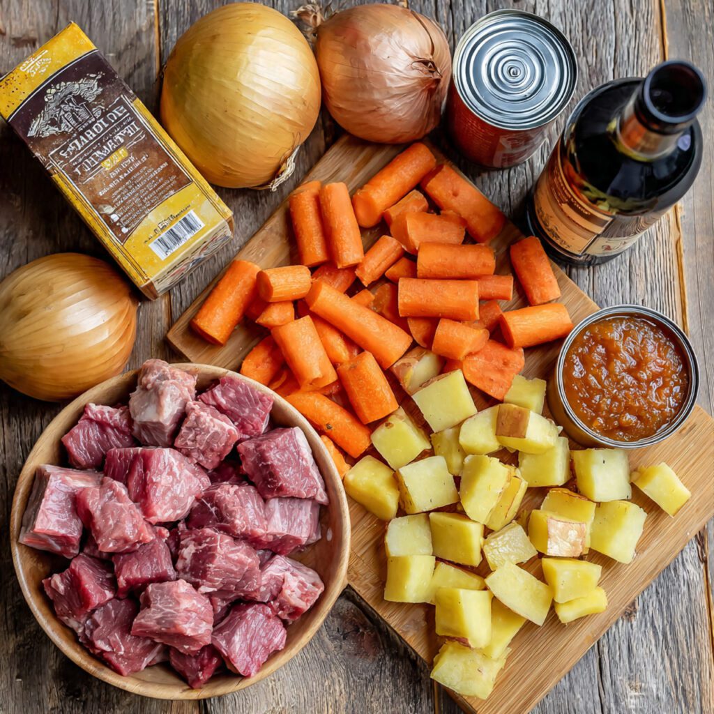 A flat lay collage of raw ingredients: cubed beef stew meat, potatoes, carrots, onions, beef broth carton, red wine bottle, and tomato paste used for the beef stew recipe.