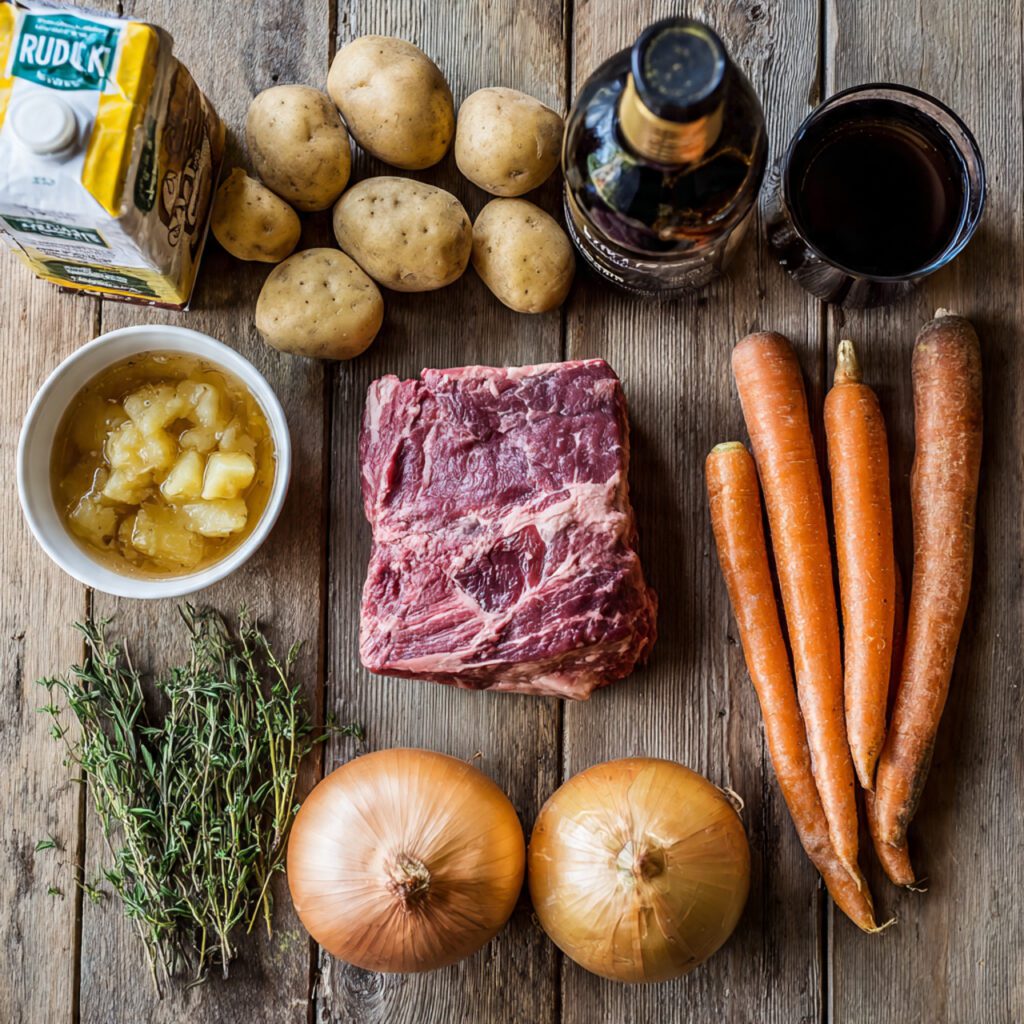 A flat lay collage of raw ingredients: chuck roast, potatoes, carrots, onions, beef broth carton, red wine bottle, and fresh herbs used for the dutch oven pot roast recipe.