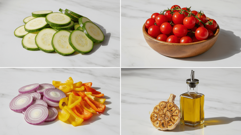 A collage showing fresh zucchini, cherry tomatoes, red onion, and a head of garlic.