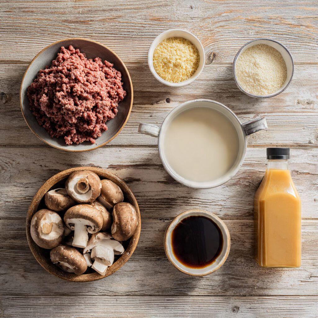 A flat lay collage of raw ingredients: ground beef, breadcrumbs, milk, mushrooms, beef broth carton, and Worcestershire sauce used for the Salisbury steak recipe.