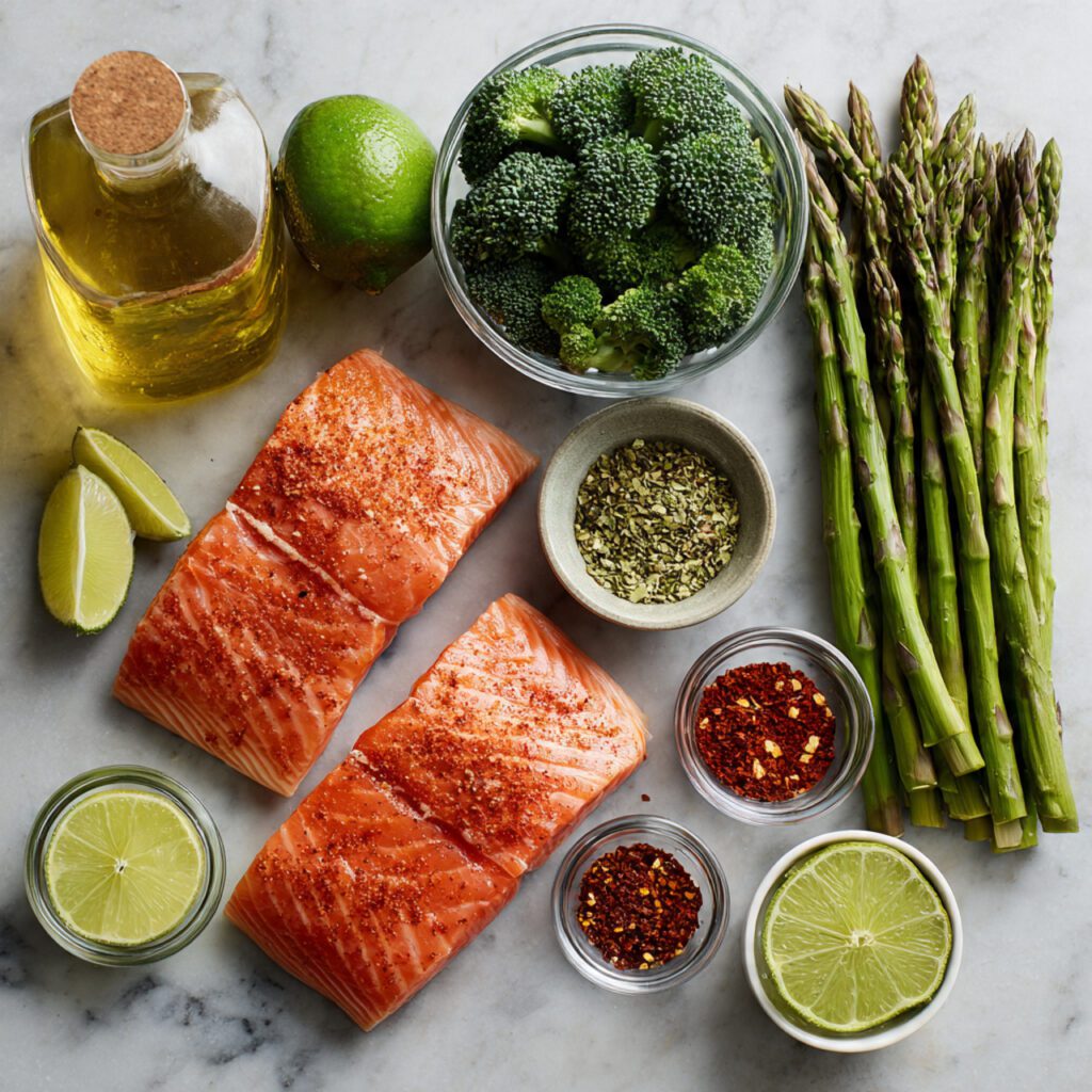 A flat lay collage of raw ingredients: salmon fillets, olive oil, fresh lime, broccoli, asparagus, and small bowls of chili powder/cayenne used for the fat-burning recipes.