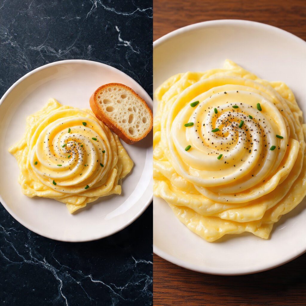 A mound of creamy scrambled eggs piled high on a white plate, seasoned with black pepper.