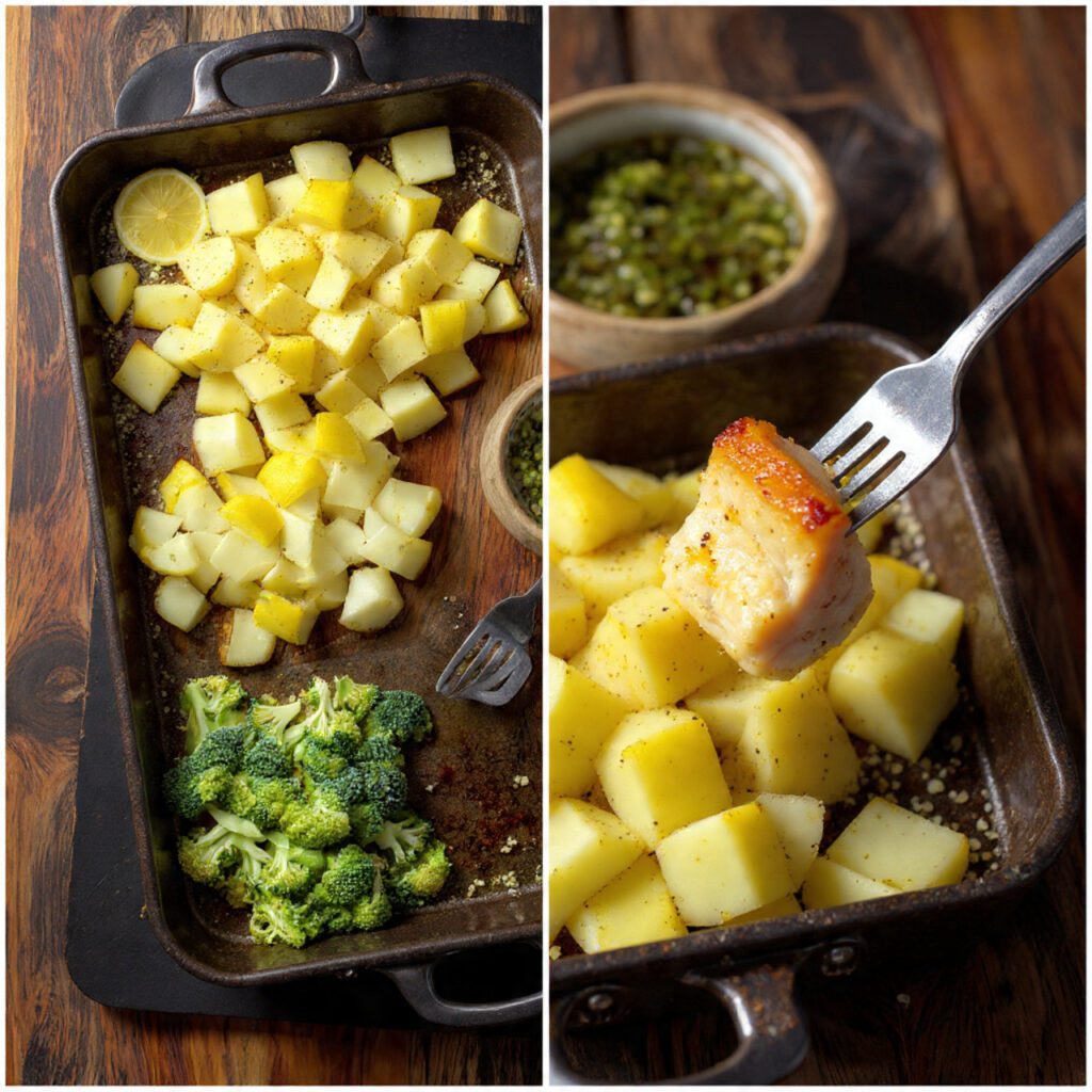 Two servings of the meal. One is a wide shot of the entire sheet pan on a trivet, ready to serve. The other is an extreme close-up of a fork lifting a piece of perfectly caramelized potato and a piece of golden-brown chicken from the pan.