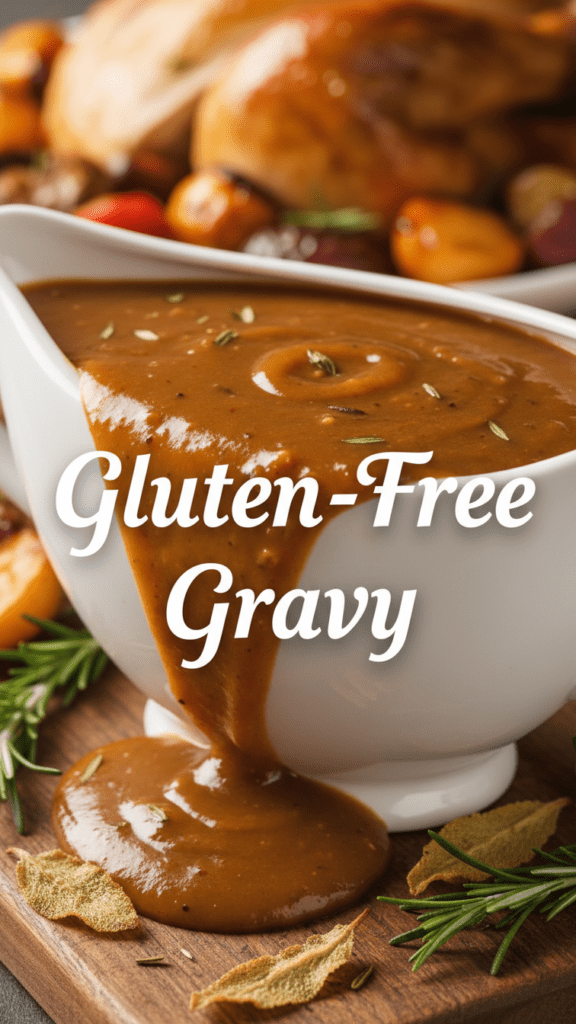 A close-up of glossy gluten-free gravy being poured from a white boat over mashed potatoes.