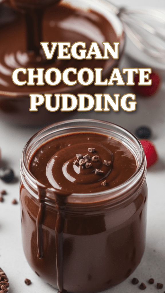 Two glass jars of silky vegan chocolate pudding topped with raspberries and mint