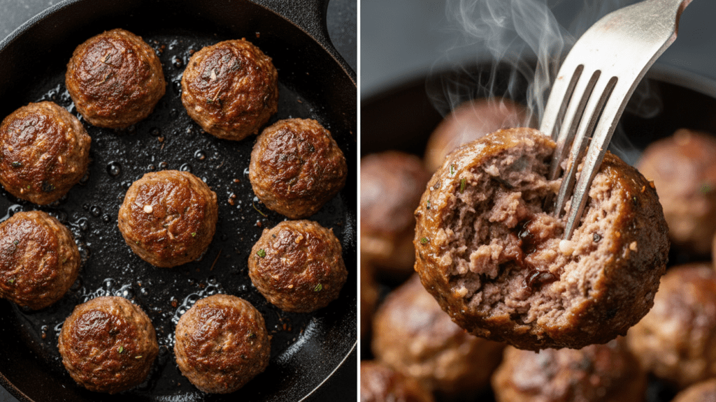 Two views: one showing meatballs searing in a cast iron skillet and another close-up of a meatball cut in half to show the juicy center.