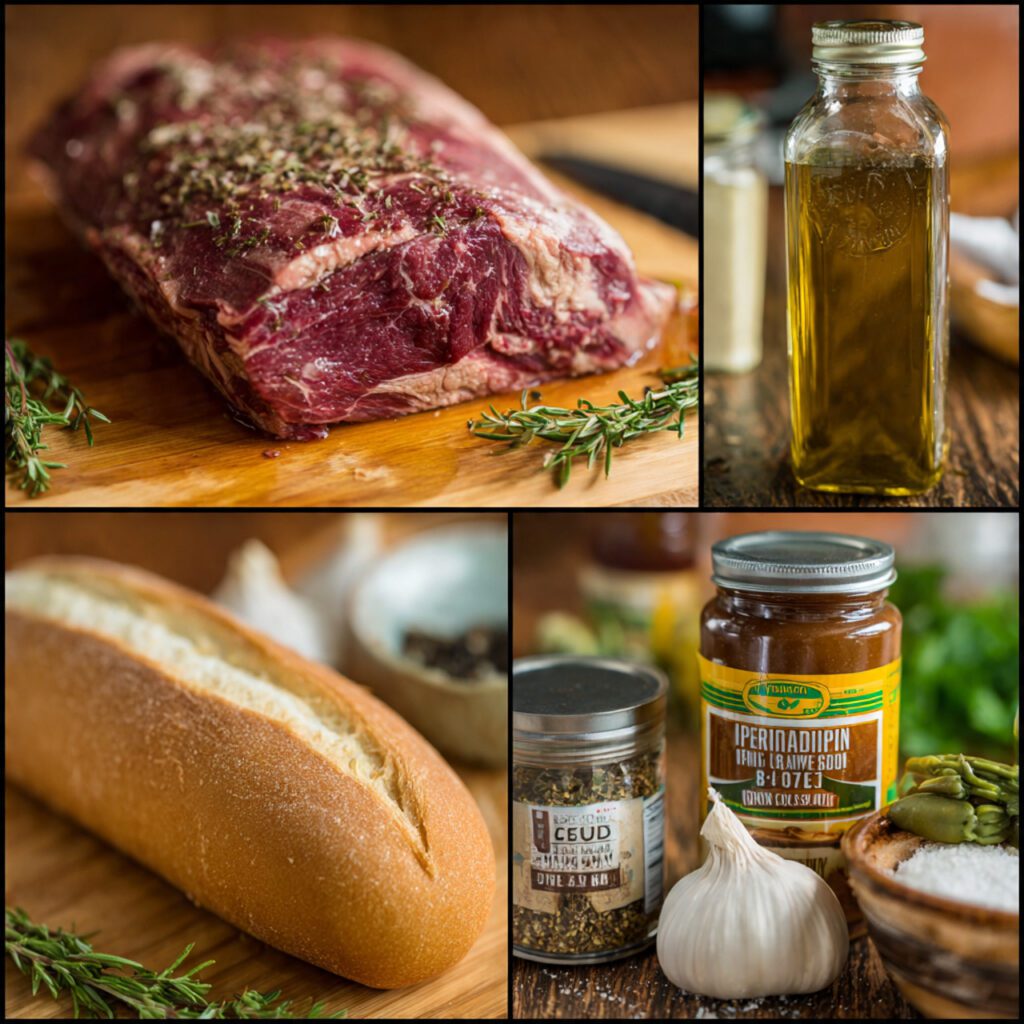 A collage showing the raw ingredients: a chuck roast (seared), a jar of pepperoncini, a can of beef broth, Italian seasoning mix, and a crusty Italian roll.