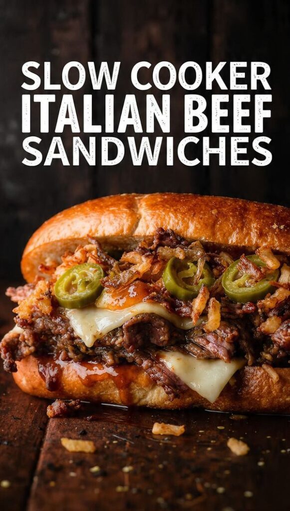 A close-up shot of a messy, loaded Slow Cooker Italian Beef Sandwich on a crusty roll, topped with bright pickled pepperoncini and glistening with savory jus. The text overlay reads: "SLOW COOKER ITALIAN BEEF SANDWICHES".