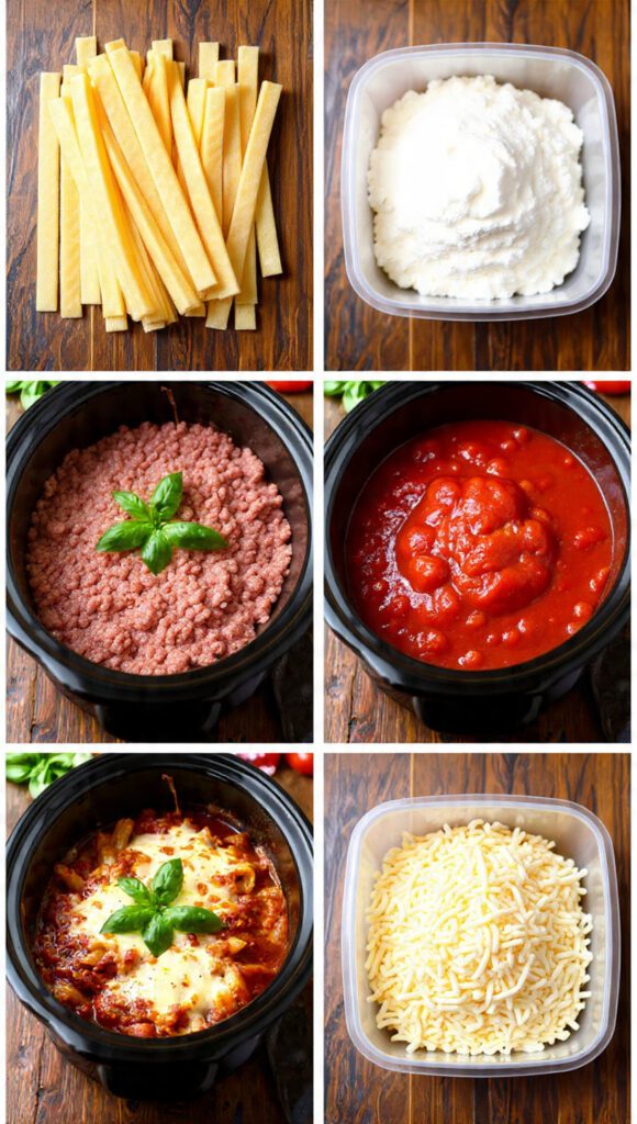 A collage showing the raw ingredients: uncooked lasagna noodles, a container of ricotta cheese, ground meat (browned in a skillet), crushed tomatoes, and shredded mozzarella cheese.